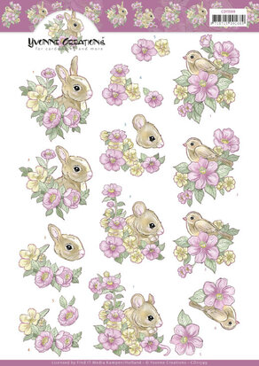 3D Cutting Sheet - Yvonne Creations - Pink flowers and Animals