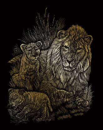 GOLD ENGRAVING LION & CUBS - 25,5 cm x 20,5 cm